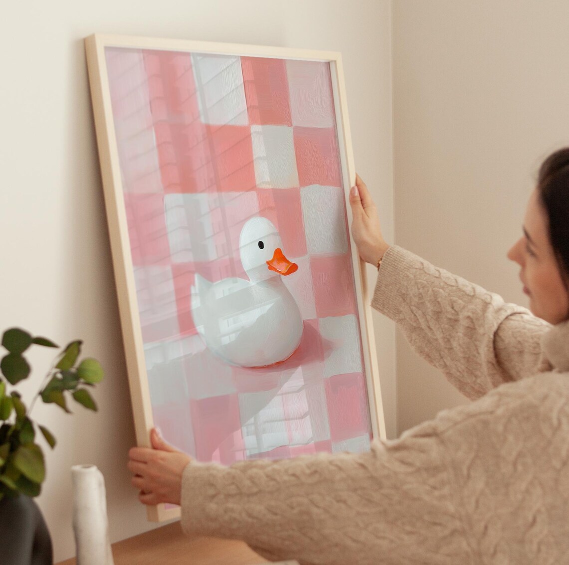 Cute White Rubber Duck on Pink Checkered Nursery Bathroom Art Poster - Image 3