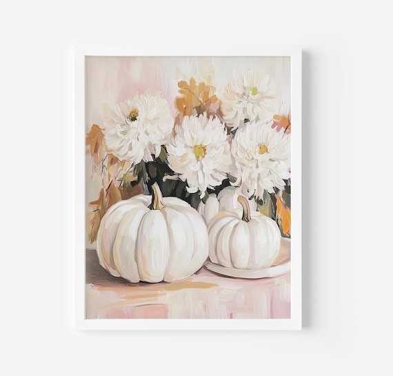 White Pumpkin And Chrysanthemum Blush Pink Autumn Still Life Poster
