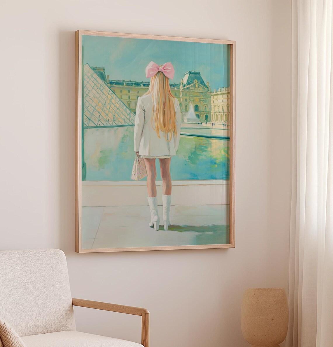 Paris Girl With Pink Bow At Louvre Museum Pyramid Art Poster - Image 3