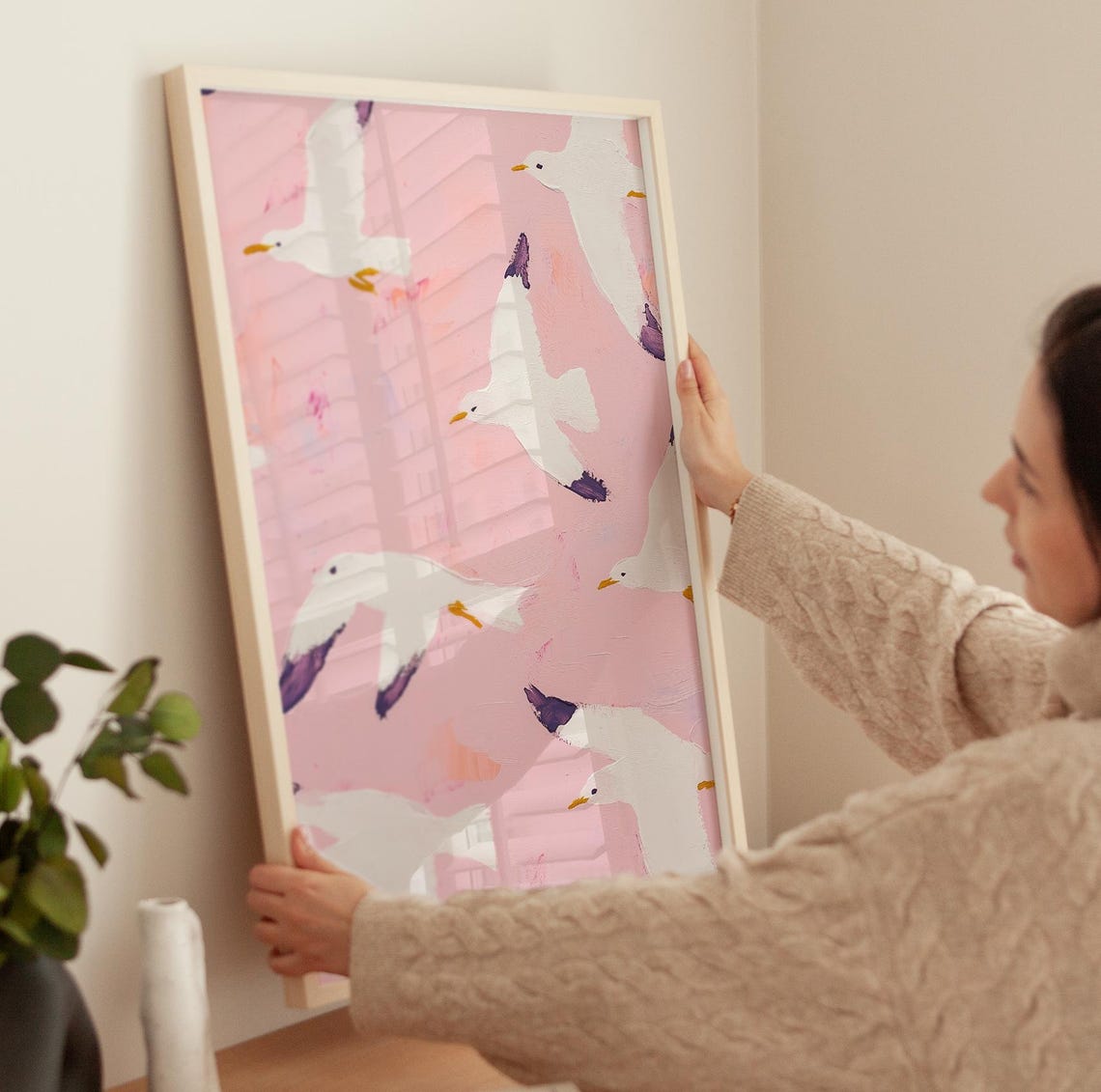 Seagulls Flying Across Pink Sky Coastal Beach Birds Pattern Poster - Image 3
