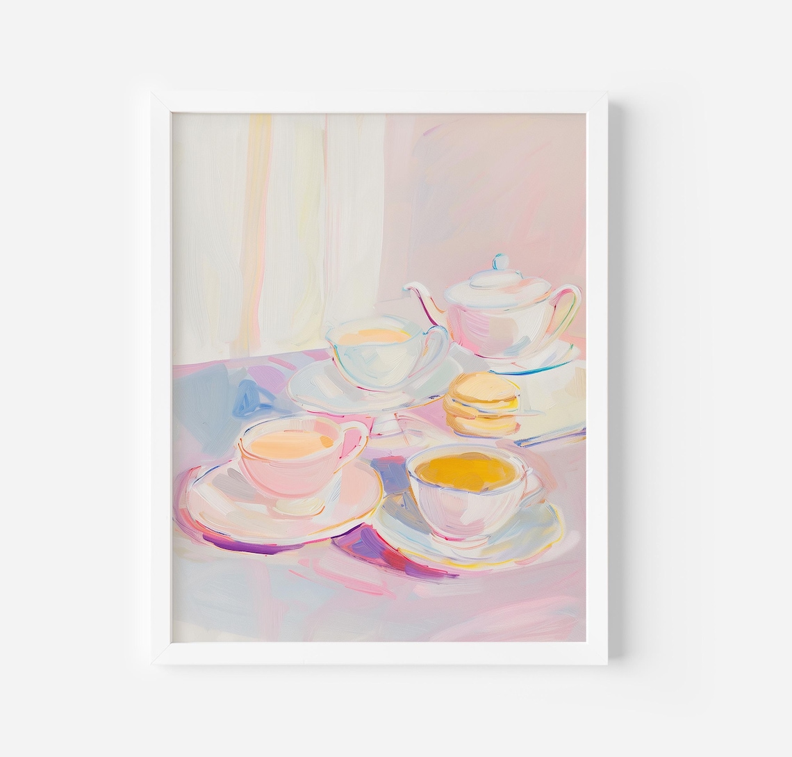 Pastel Tea Set Still Life Painting Soft Teapot Cups Kitchen Poster