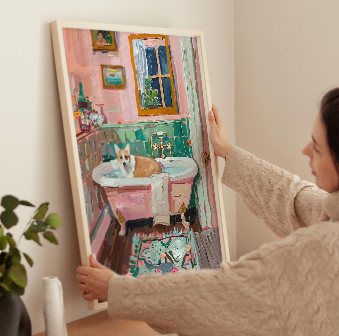 Corgi Soaking In Bathtub Pink Bathroom Funny Dog Painting Poster - Image 3