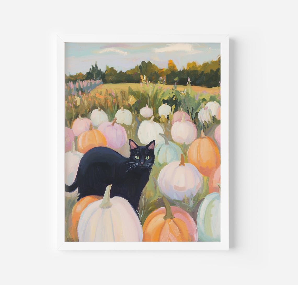 Black Cat In Pastel Pumpkin Patch Autumn Halloween Art Poster