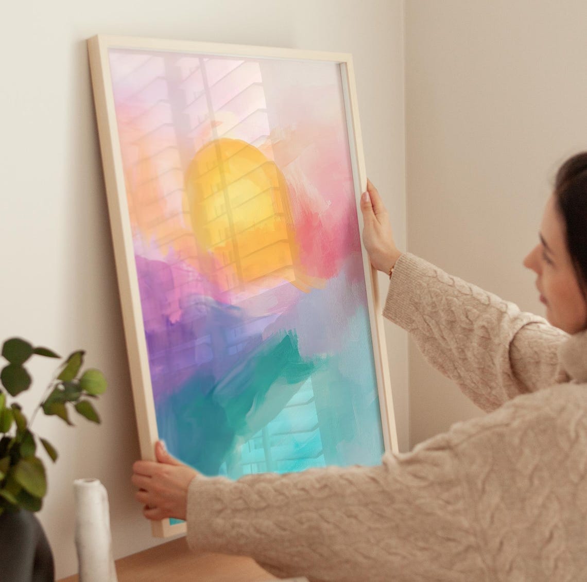 Pastel Sunrise Over Ocean Abstract Sun Landscape Painting Poster - Image 3