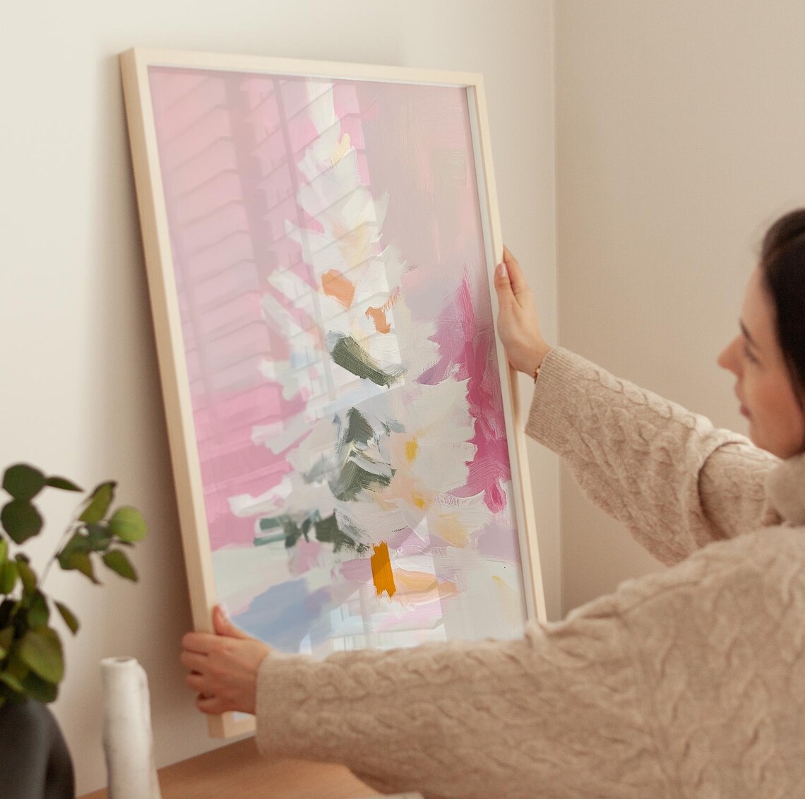White Snowy Christmas Tree Oil Painting Pink Blush Winter Art Poster - Image 3