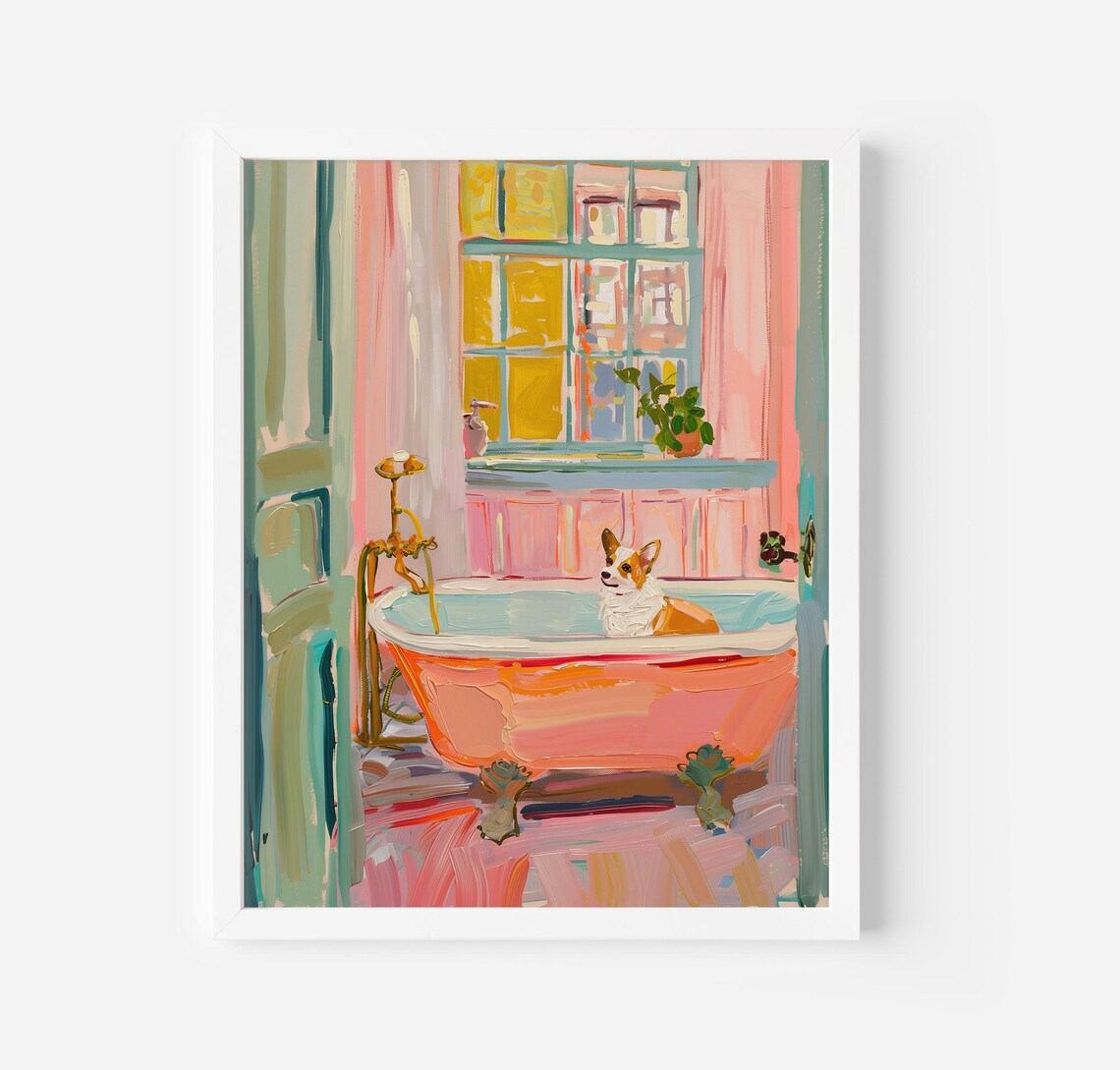 Welsh Corgi Dog in Bathtub Bathroom Art Print