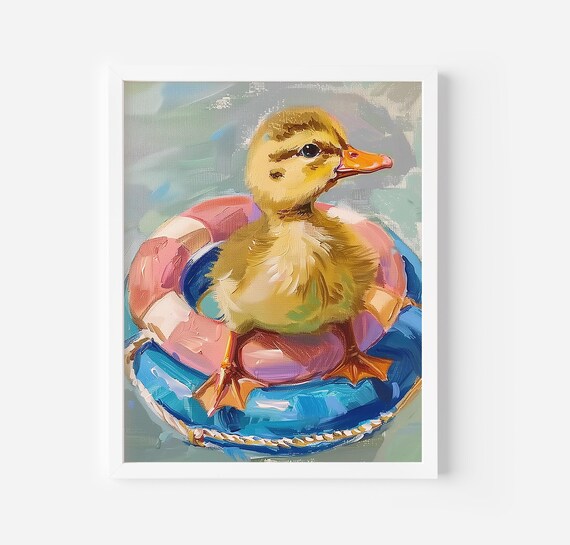 Baby Duck Print Antique Bathroom Wall Art Rustic Farmhouse Print Cute Duck Lifebuoy Painting Nautical Buoy Art Print Summer Preppy Decor