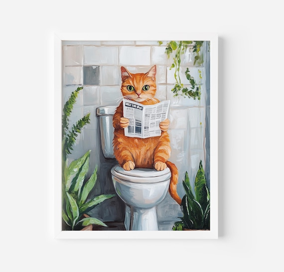 Funny Orange Cat Reading Newspaper On Toilet Bathroom Art Poster