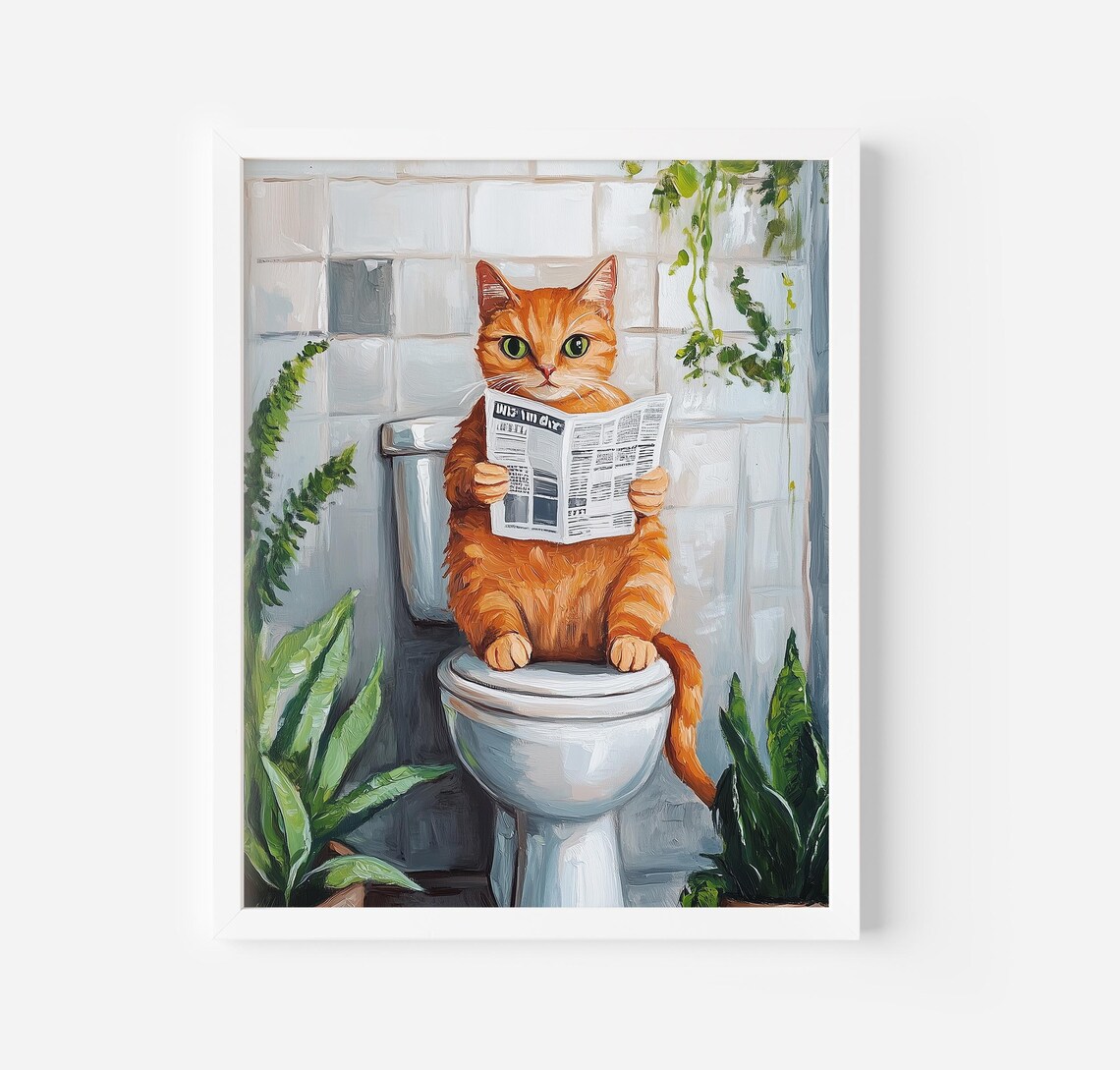Funny Orange Cat Reading Newspaper On Toilet Bathroom Art Poster