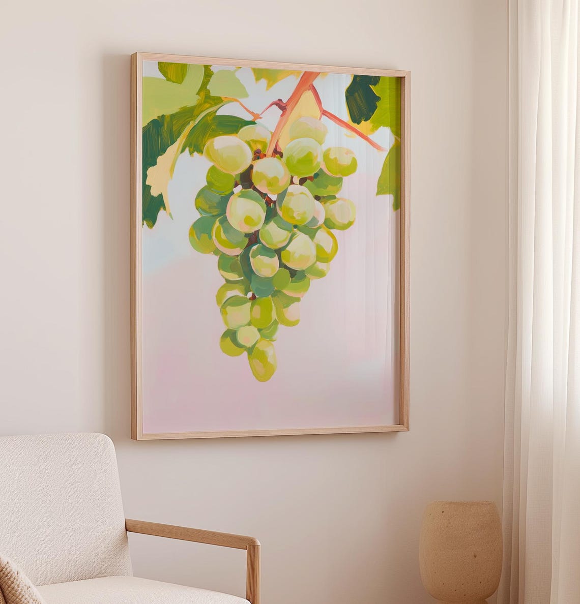 Sunny Fresh Green Grapes On Vine Pastel Kitchen Still Life Poster - Image 2