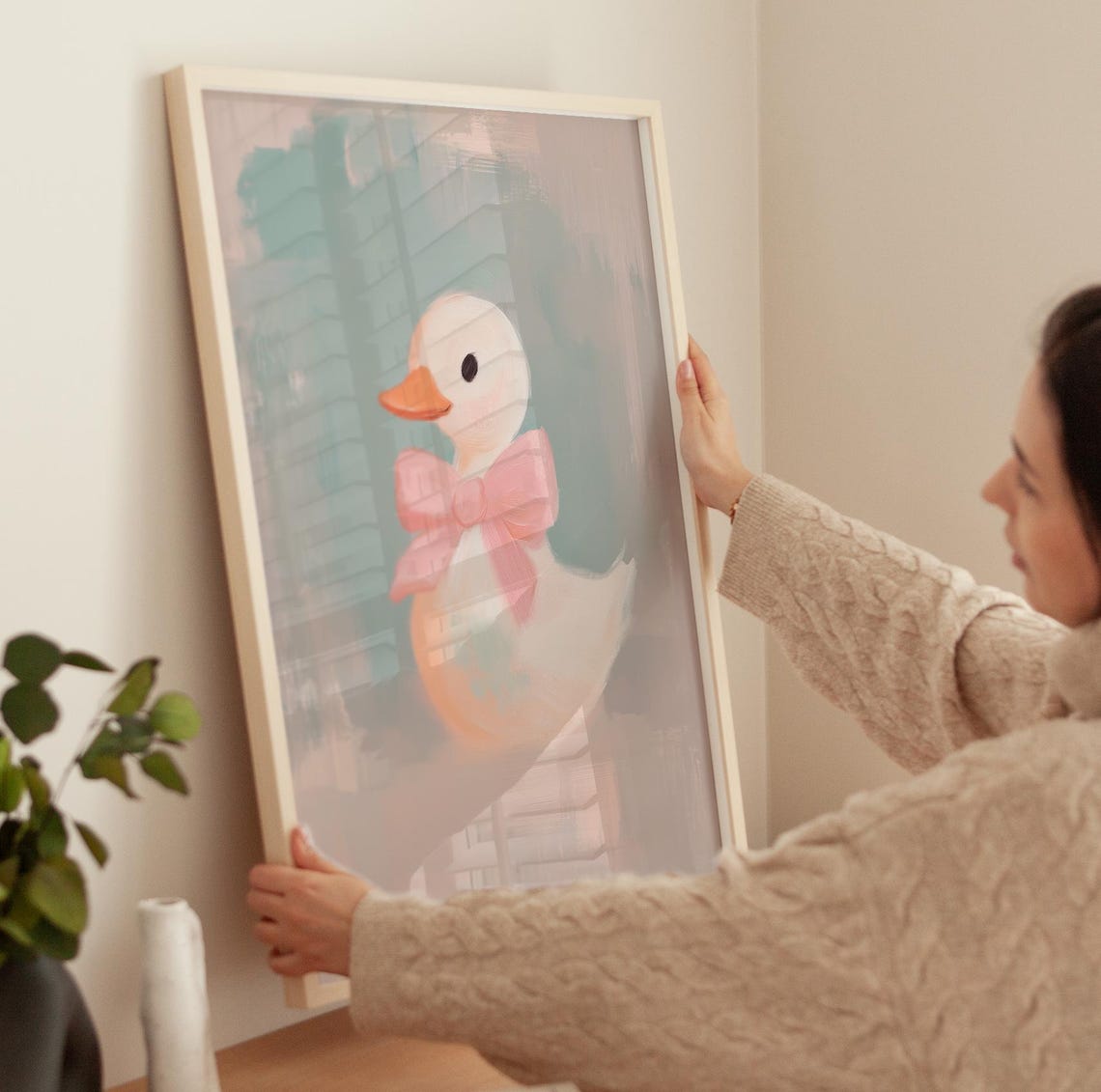 Baby Duck With Pink Bow Soft Pastel Nursery Painting Wall Art - Image 3