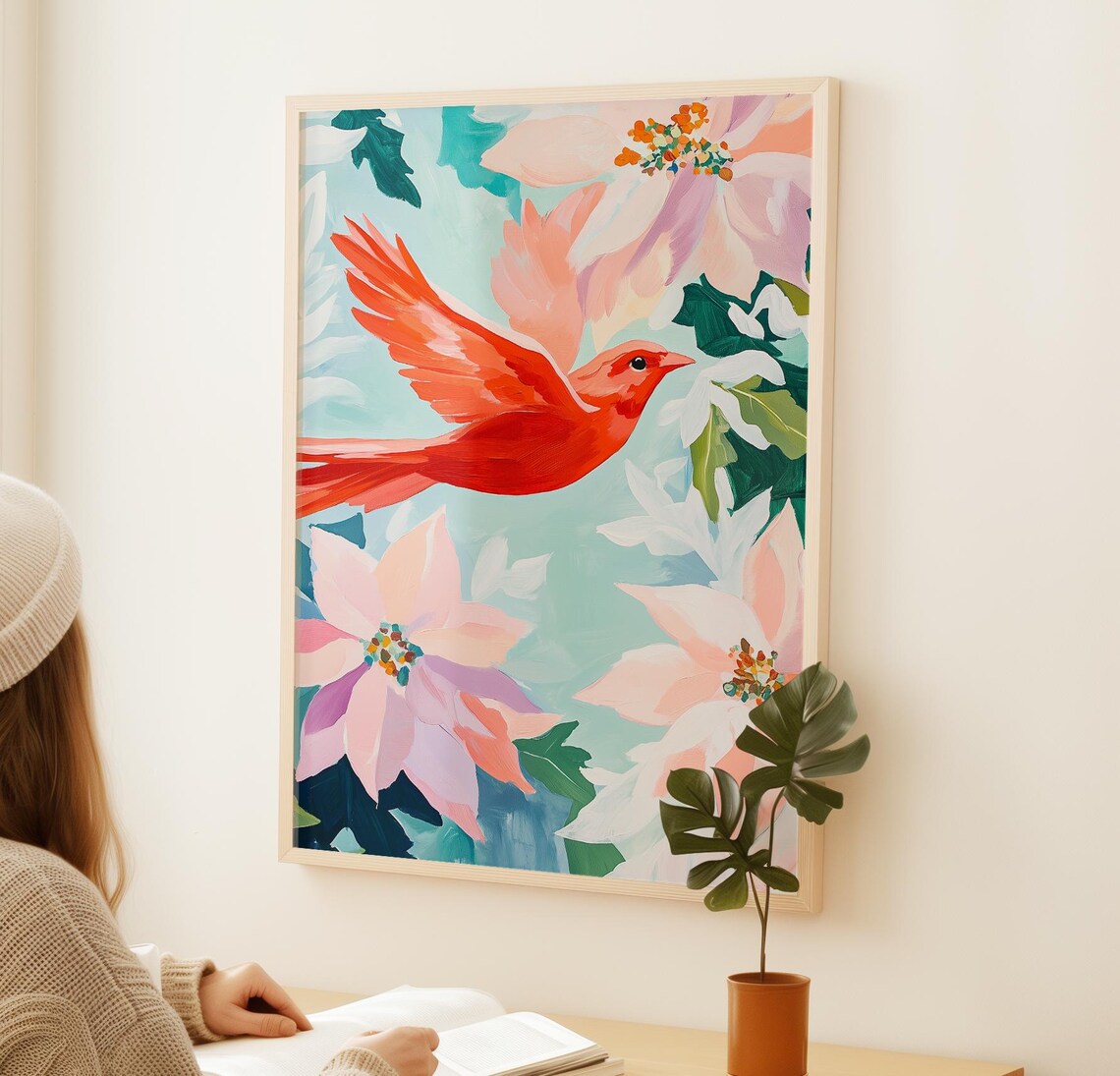 Red Bird Flying Through Pink Flowers Floral Wildlife Painting Poster - Image 2