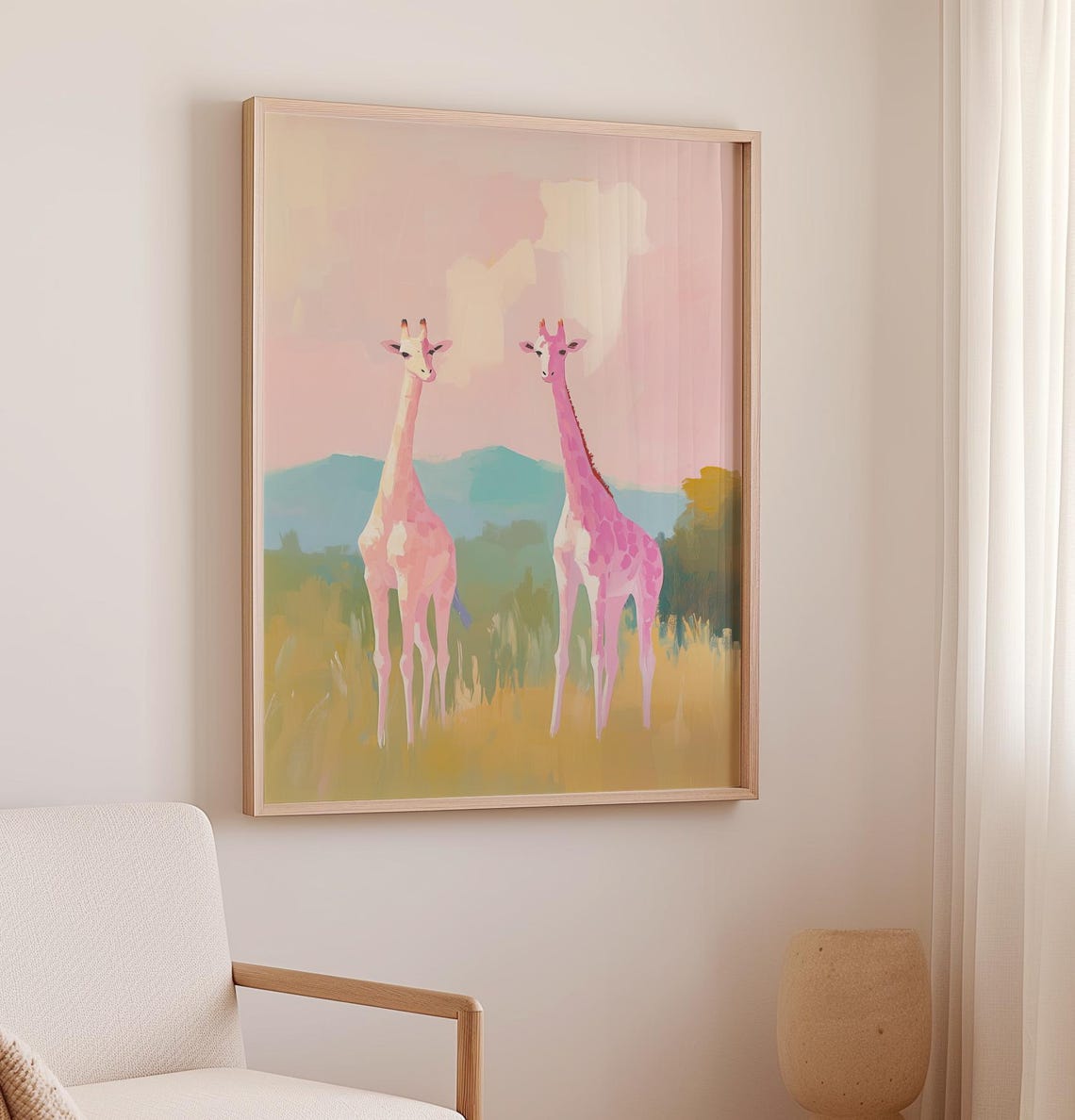 Two Pink Giraffes in Pastel Savanna Cute Nursery Wildlife Poster - Image 2