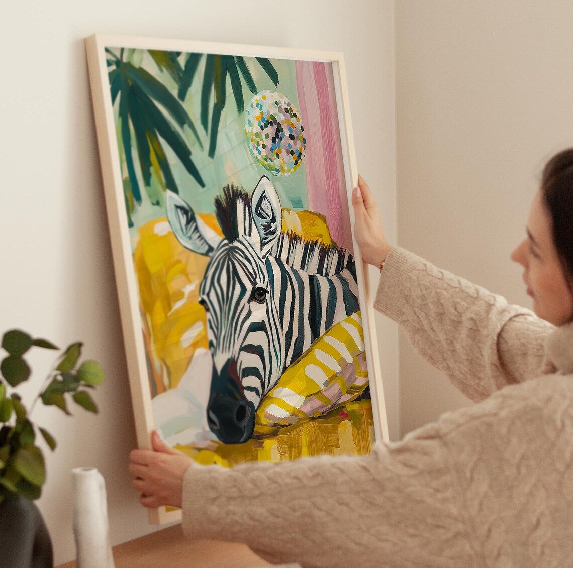 Sleepy Zebra Resting on Yellow Pillow Tropical Bedroom Cozy Safari Poster - Image 4