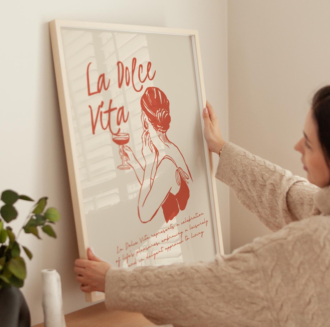 La Dolce Vita Woman Sipping Wine Red Sketch Italian Quote Wall Poster - Image 4