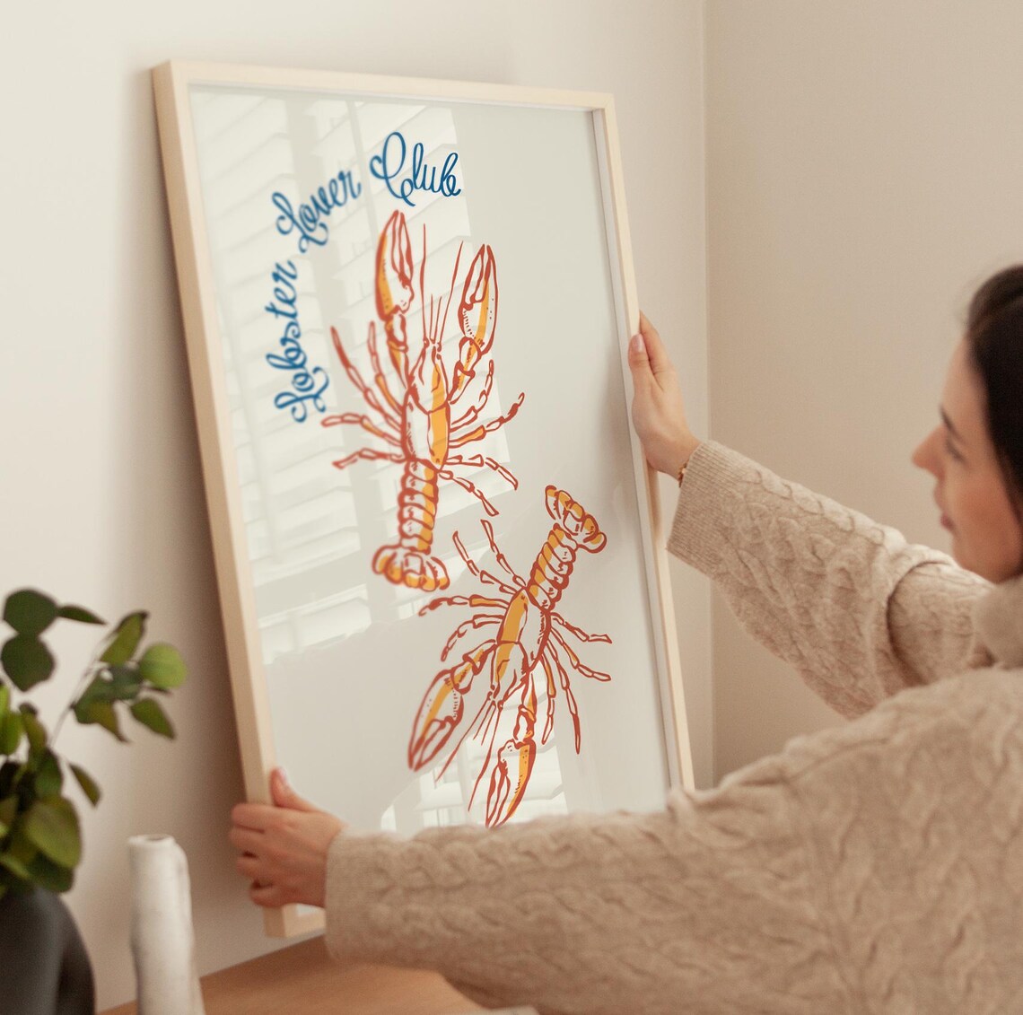Lobster Lover Club Retro Double Lobster Orange Line Art Print Poster - Image 4