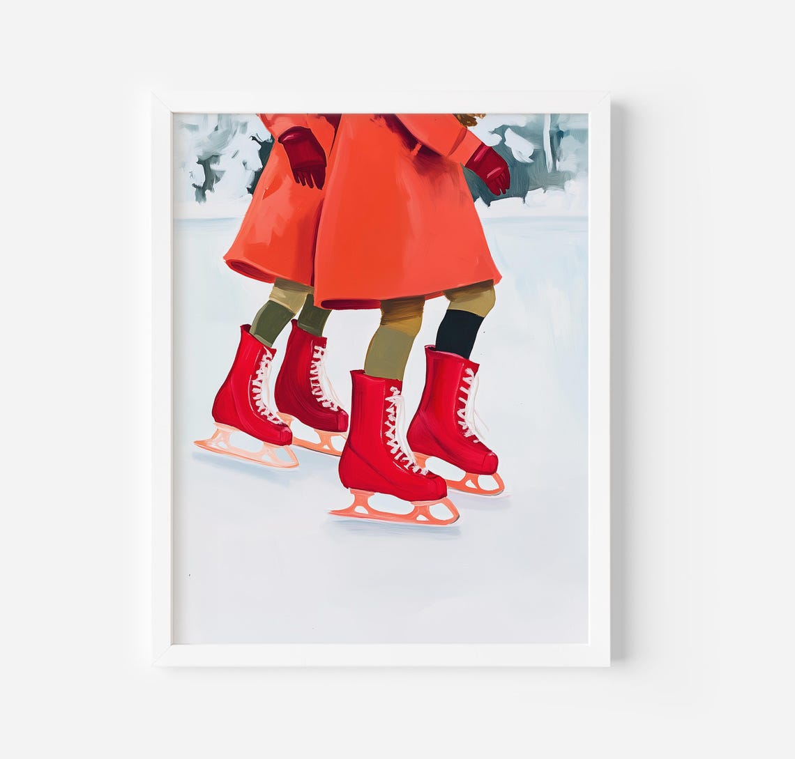 Girls In Red Ice Skates Gliding Across The Ice Winter Poster