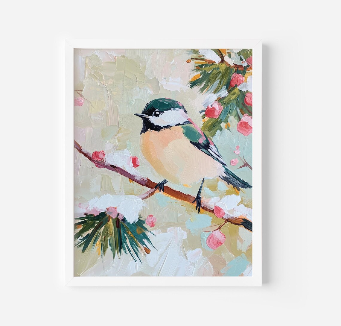 Rustic Winter Chickadee Art Print, Vintage Bird Painting