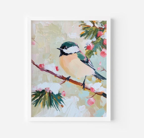 Rustic Winter Chickadee Art Print, Vintage Bird Painting