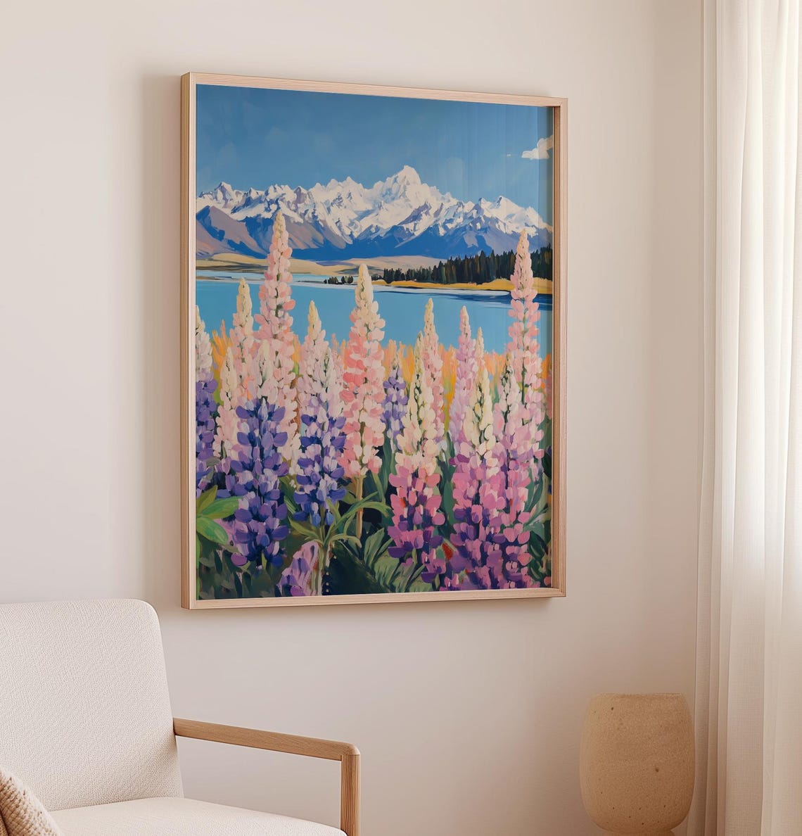 Snow Capped Mountains Lake With Pink Lupine Wildflowers Poster - Image 2