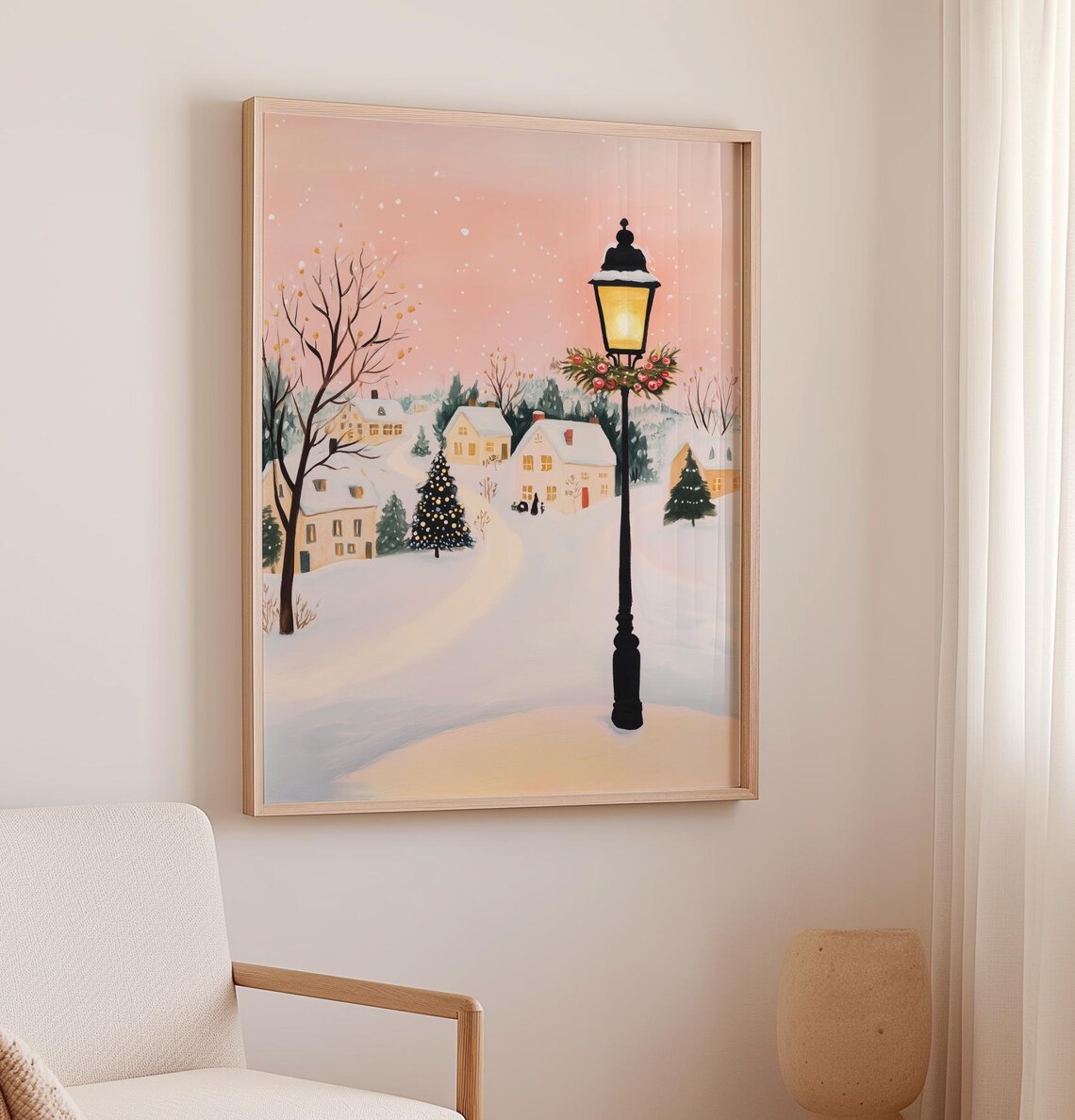 Magical Pink Christmas Village Snowy Night Lamppost Holiday Poster - Image 2