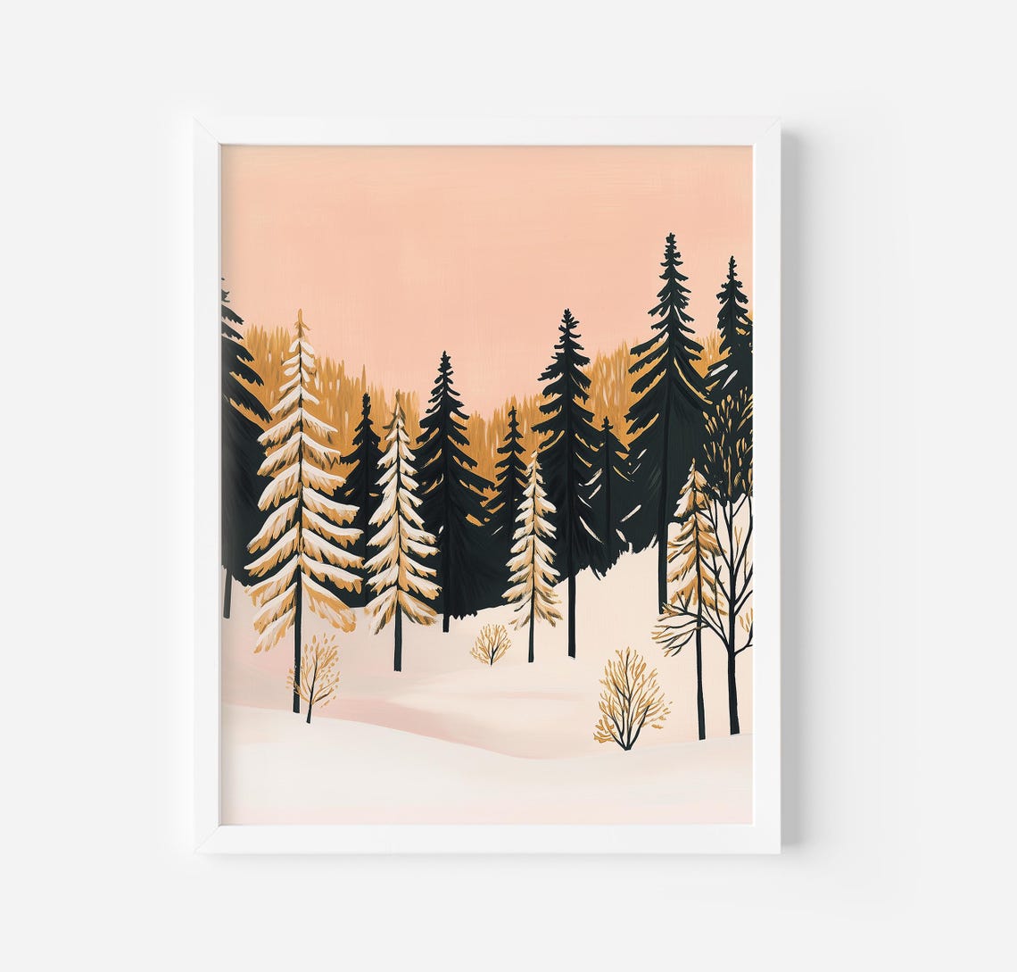 Snowy Pine Forest Winter Landscape Black White Trees Wall Poster