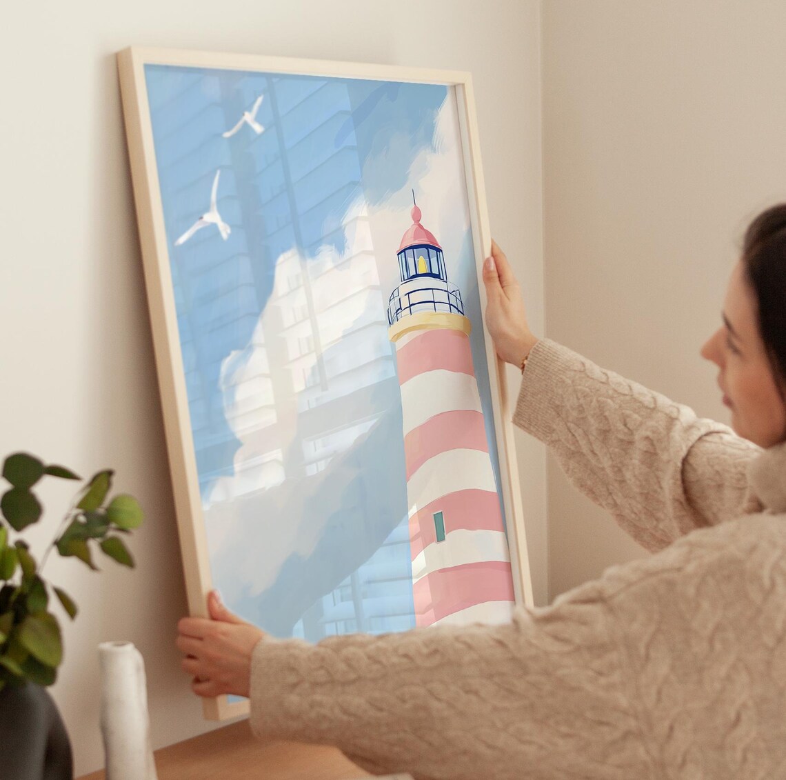 Pink Striped Lighthouse With Seagulls Coastal Painting Poster - Image 3