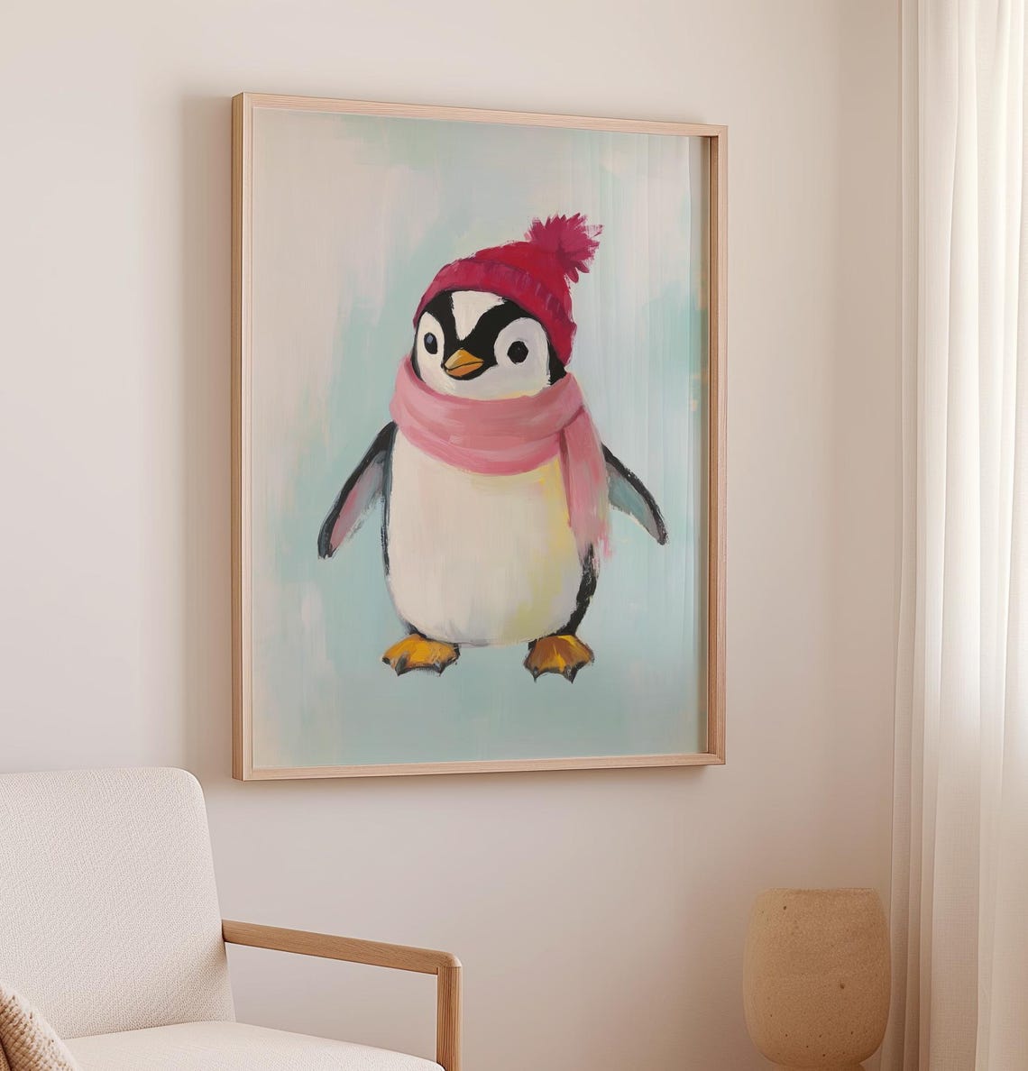 Cute Baby Penguin In Red Knit Hat With Pink Scarf Winter Poster - Image 2