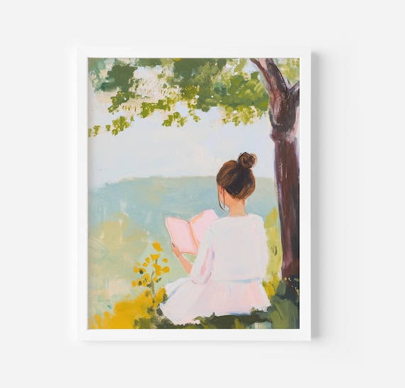 Girl Reading Book Art Print, Vintage Retro Room Decor