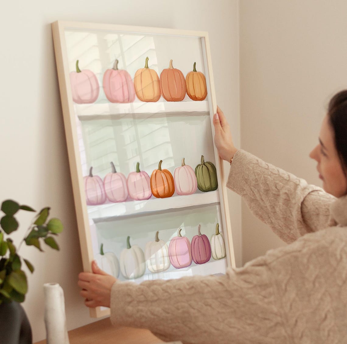 Pastel Pumpkins In Rows On White Shelves Fall Decor Art Poster - Image 3