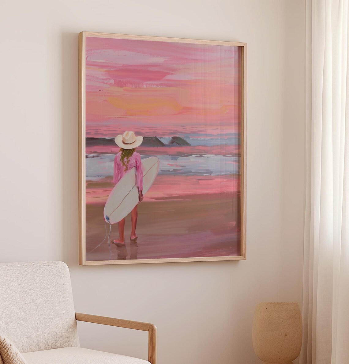 Western Surfer Girl With Board At Pink Sunset Coastal Art Poster - Image 2