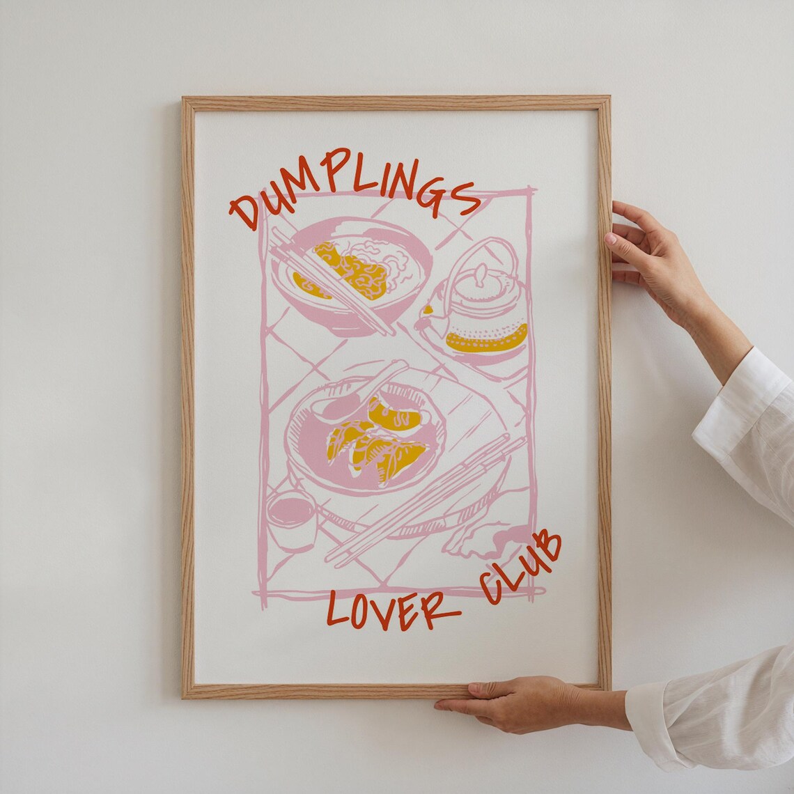 Dumplings Lover Club Pink Retro Asian Food Sketch Kitchen Wall Poster