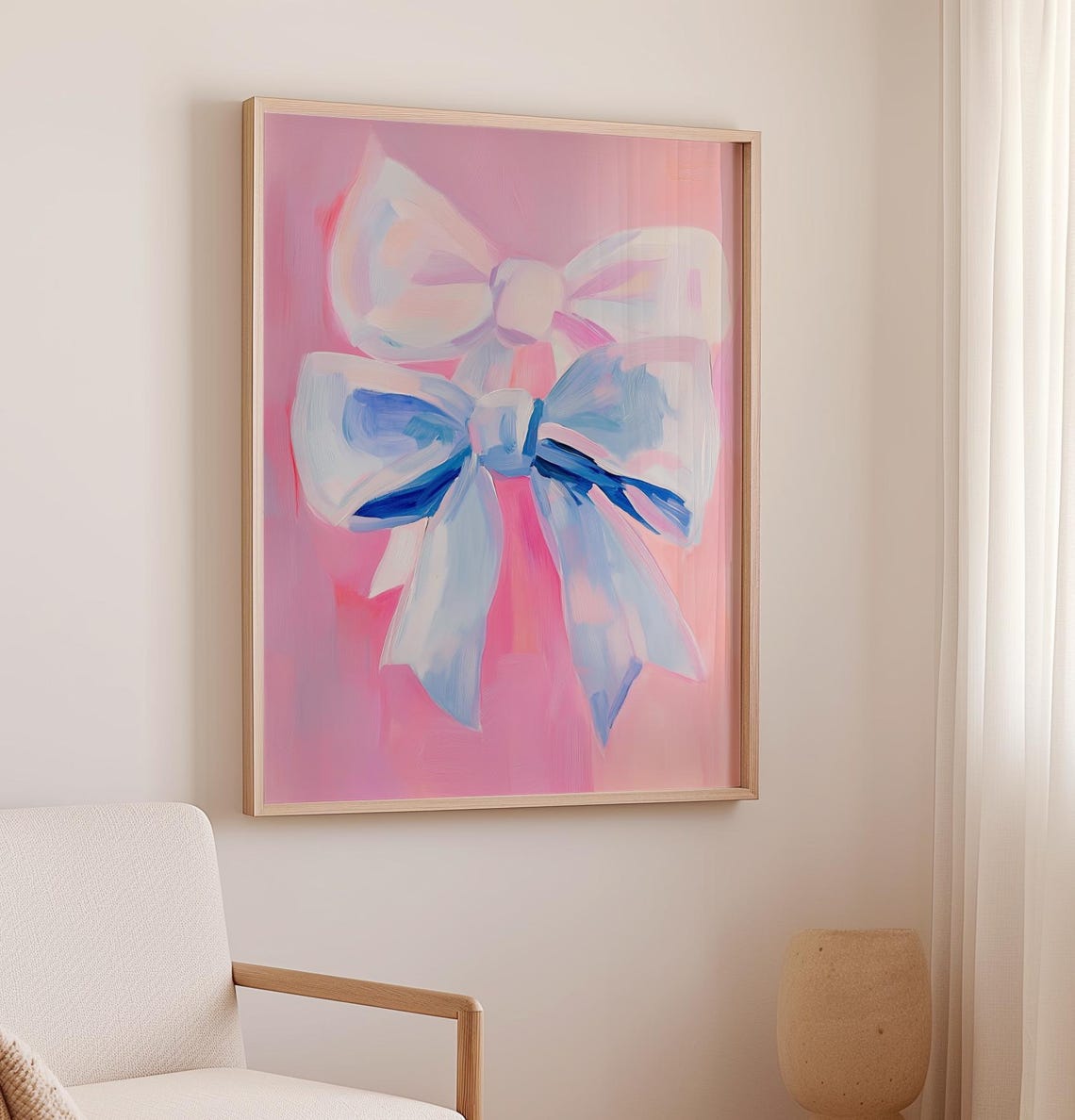 Chic Two Pink And Blue Coquette Bows On Pink Vintage Art Poster - Image 2