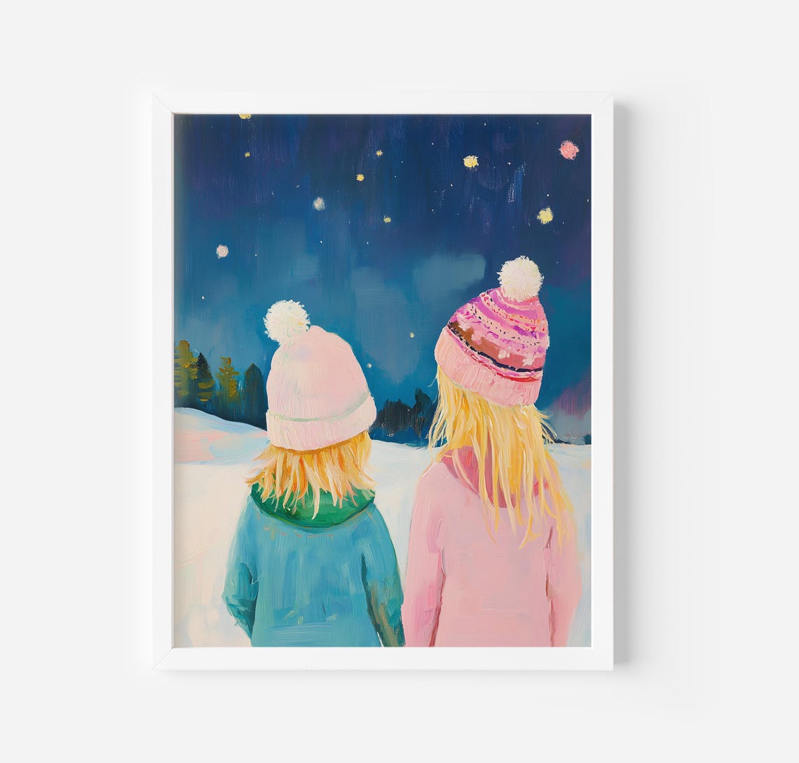 Two Sisters Watching Snowy Night Sky Winter Sisters Painting Poster