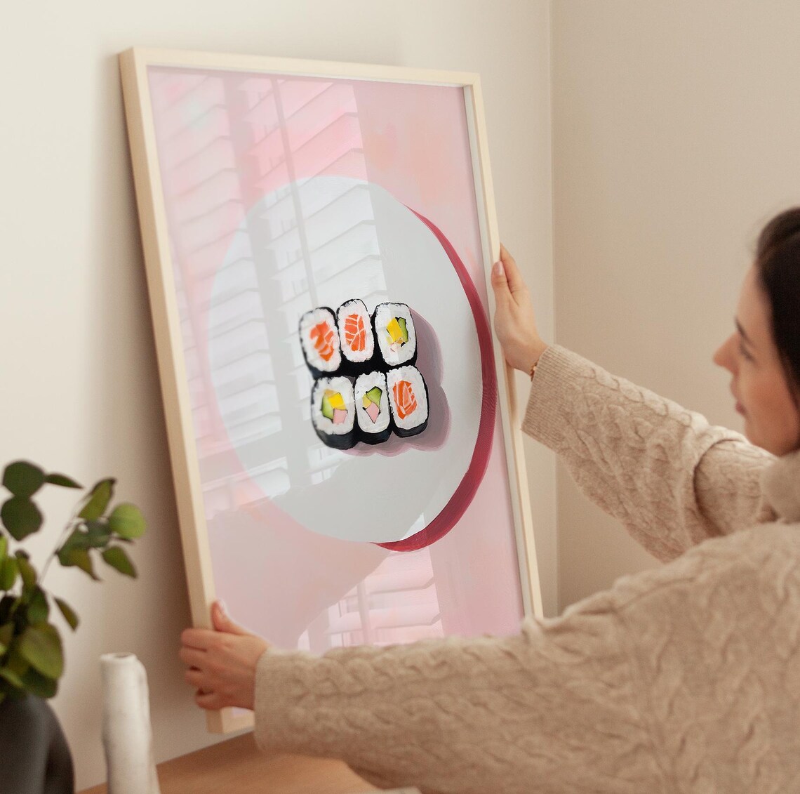 Sushi Maki Rolls On White Plate Pink Japanese Food Art Poster - Image 2