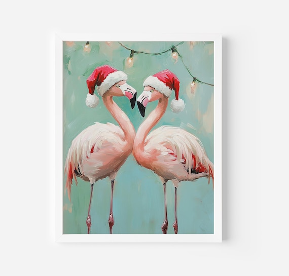 Christmas Flamingo Art Print, Tropical Holiday Bird