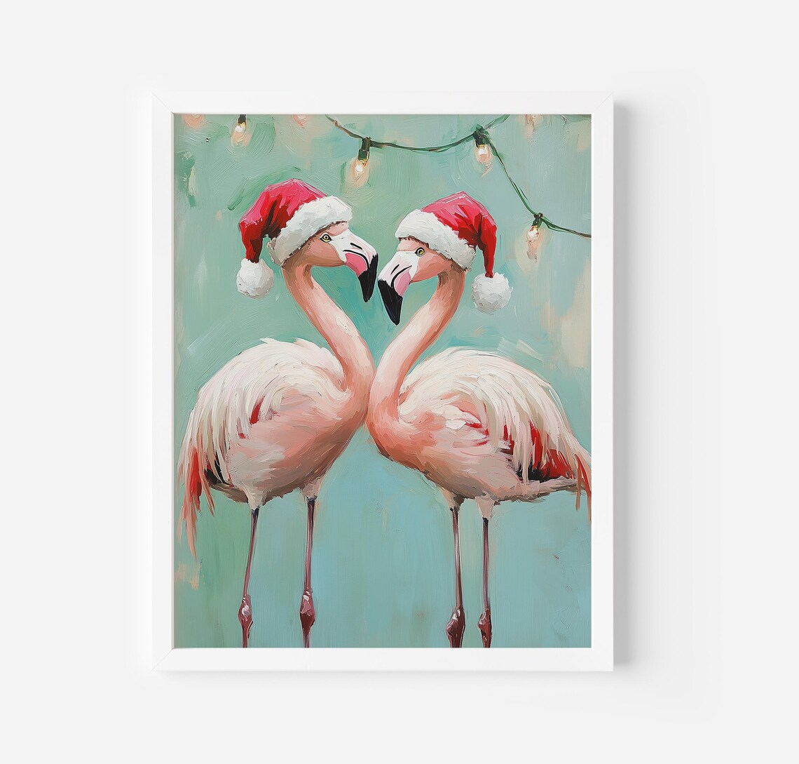 Christmas Flamingo Art Print, Tropical Holiday Bird