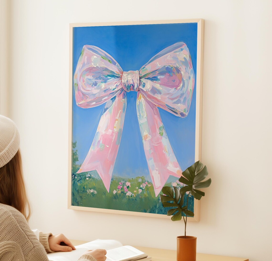 Giant Iridescent Pink Bow Over Flower Meadow Blue Sky Art Poster - Image 2