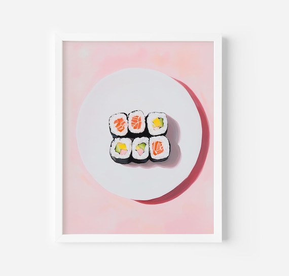 Delicious Sushi Art Print Seafood Kitchen Art Japanese Poster Cute Pink Print Decor Asian Wall Art Foodie Wall Art Sushi Roll