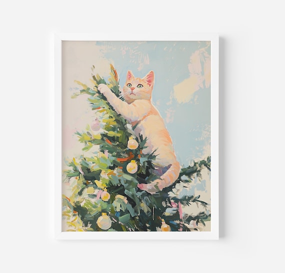 Cute Cat Painting Christmas Art Print Vintage Print Cat Wall Art Christmas Holiday Decor Ornament Tree Prints Art