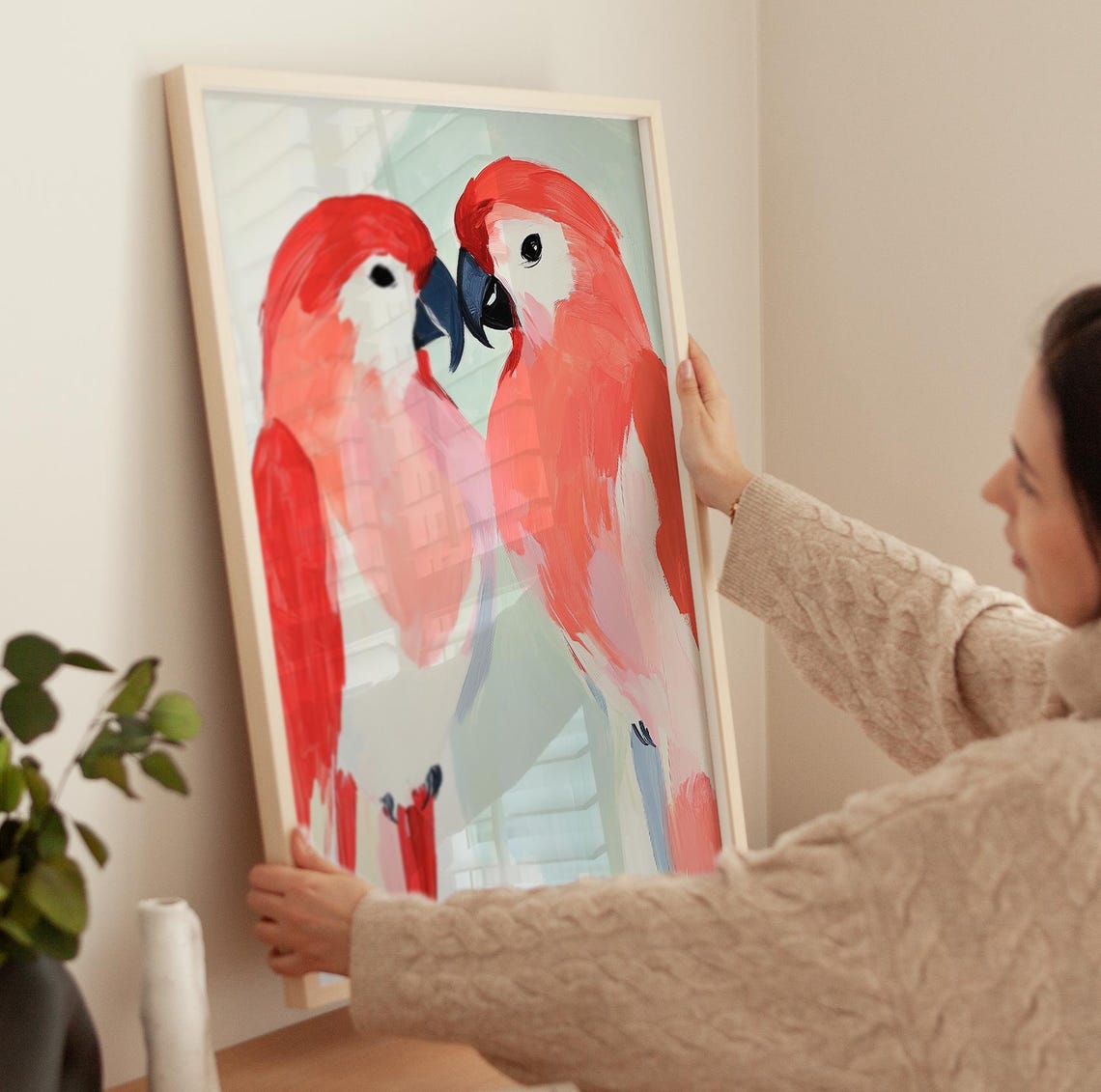 Pink Parrot Couple Love Birds Pastel Tropical Valentine Animal Poster - Image 4