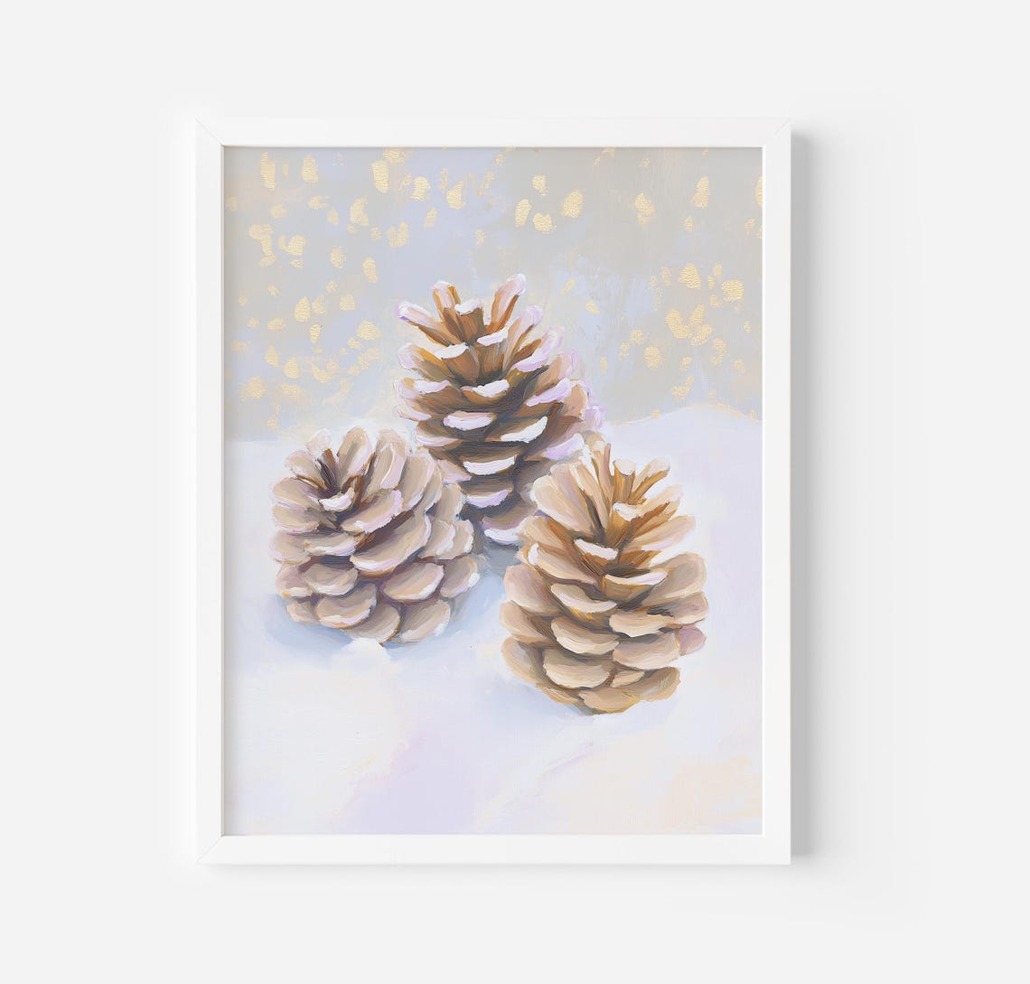 Three Pinecones In Snow With Gold Flecks Winter Holiday Poster