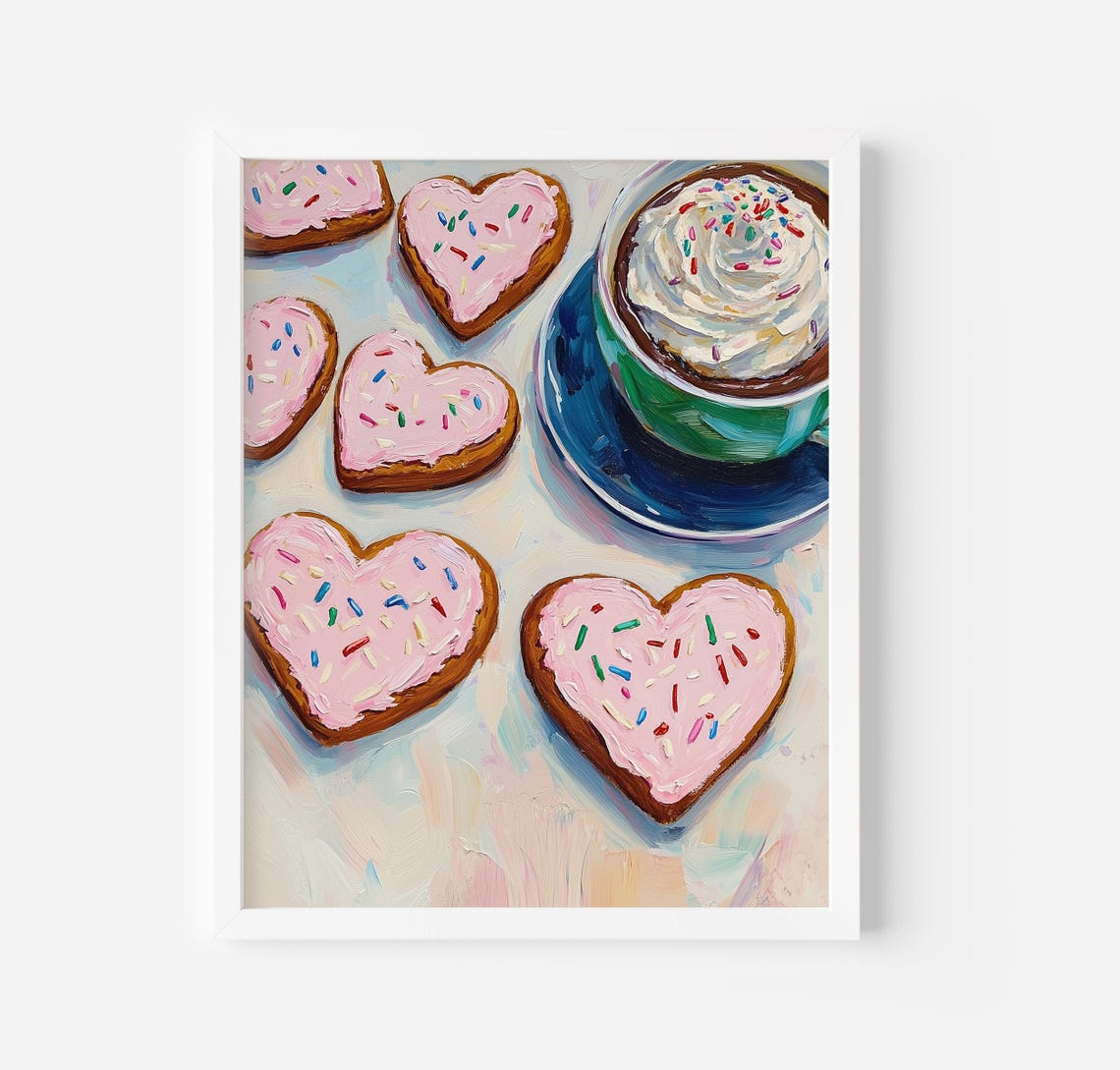 Pink Heart Cookies With Sprinkles And Hot Cocoa Cup Art Poster