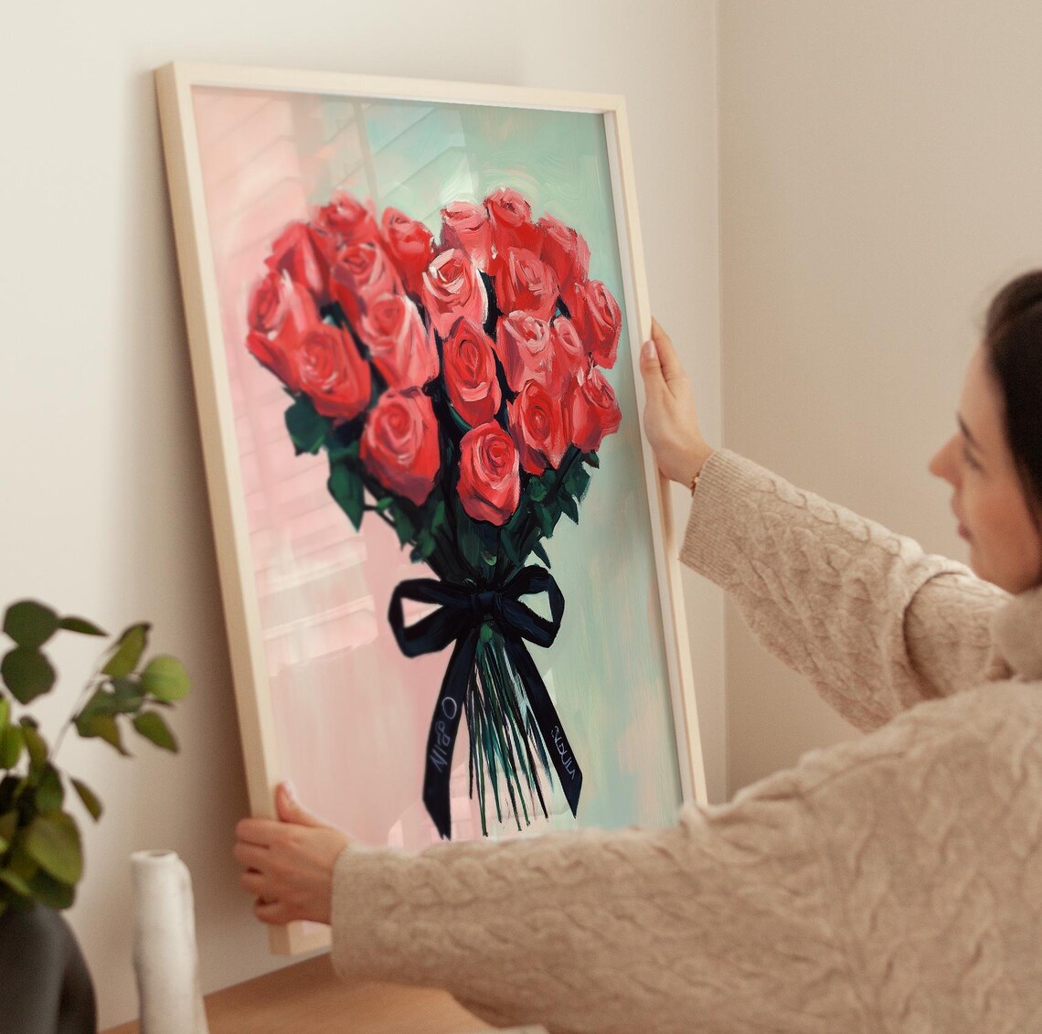 Pink Roses Bouquet Black Ribbon Bow Romantic Floral Gift Wall Poster - Image 4
