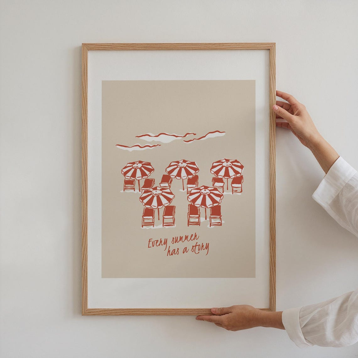 Every Summer Has A Story Print Red Beach Umbrellas Loungers Retro Art