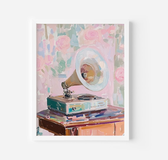 Vintage Gramophone with Floral Pastel Background Retro Music Art Poster