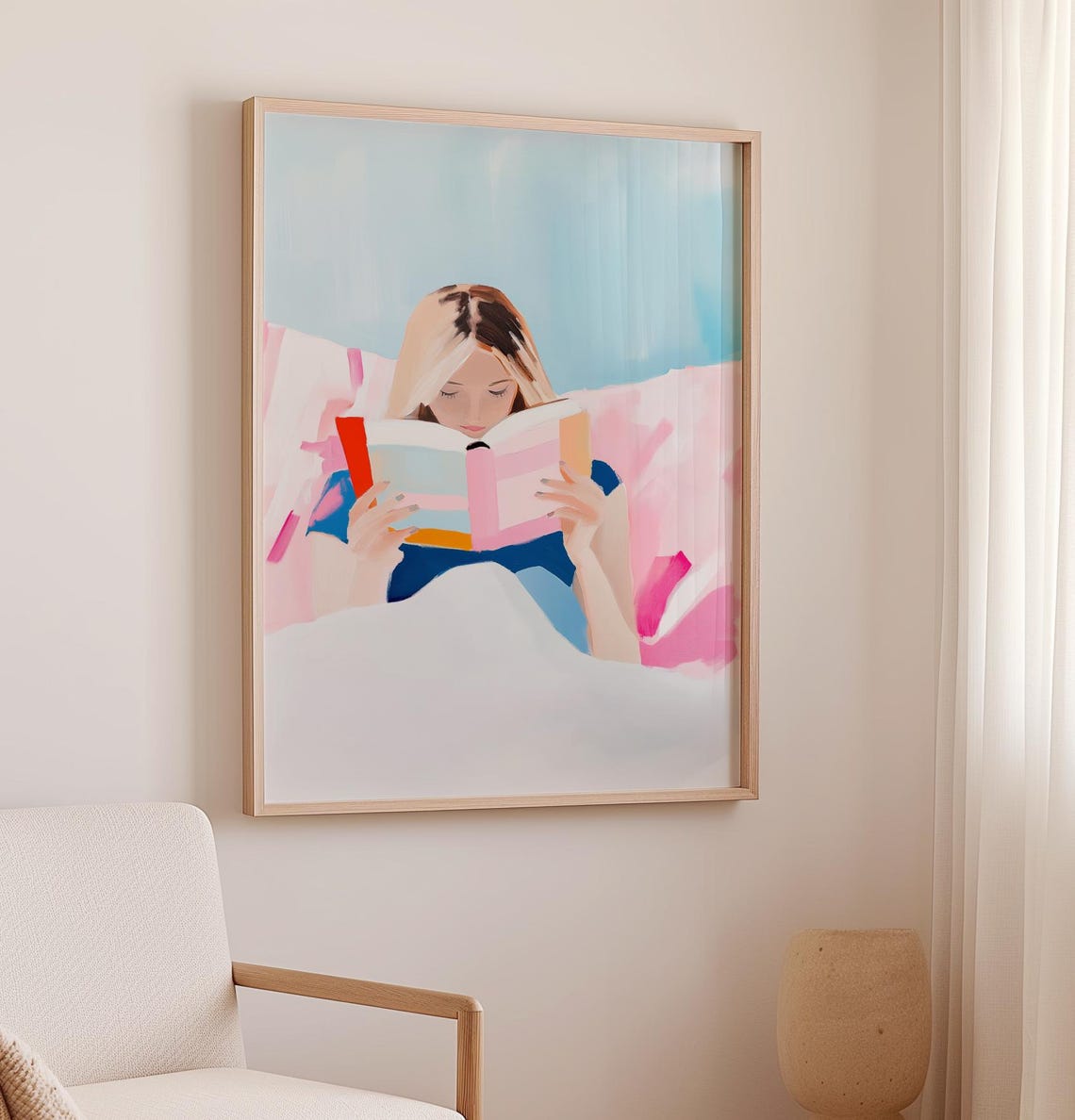 Blonde Woman Reading in Bed Blue Wall Cozy Pastel Art Poster - Image 2