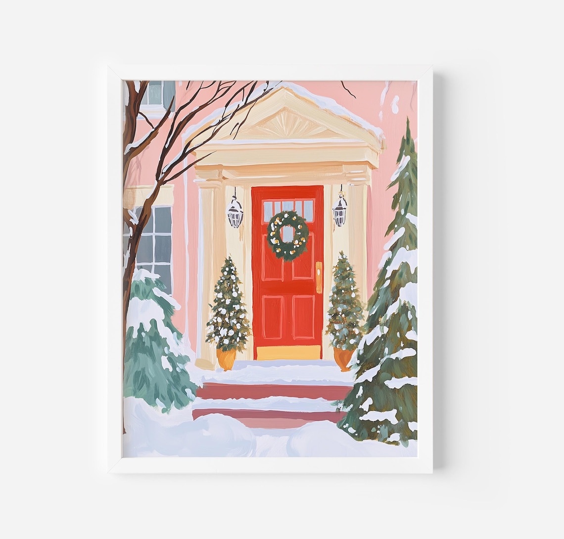 Red Door Christmas Wreath Cozy Snowy Home Painting Art Poster