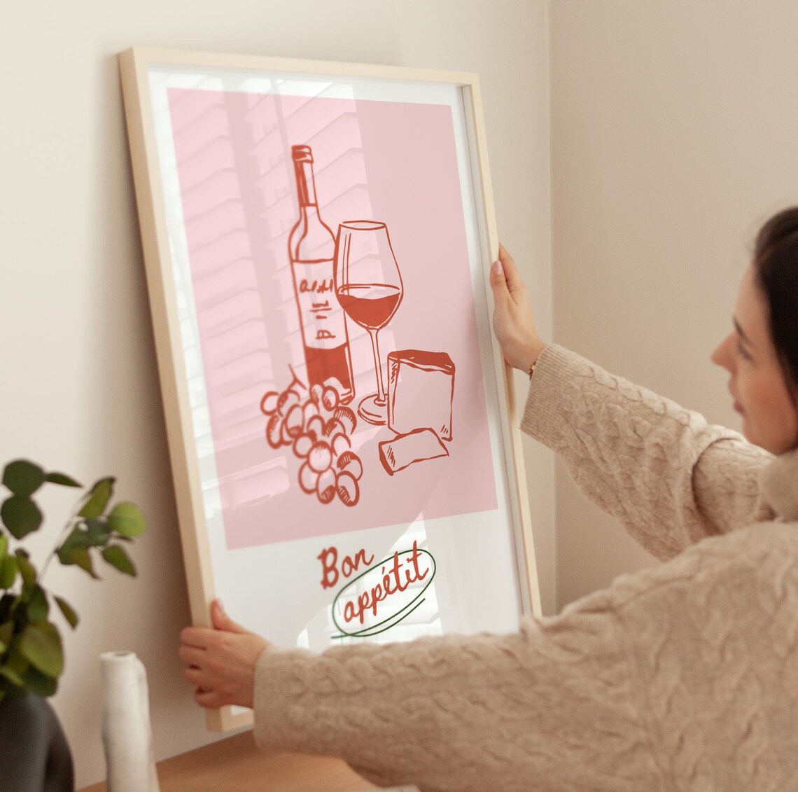 Bon Appetit Wine Cheese and Grapes Pink French Kitchen Wall Art Poster - Image 4