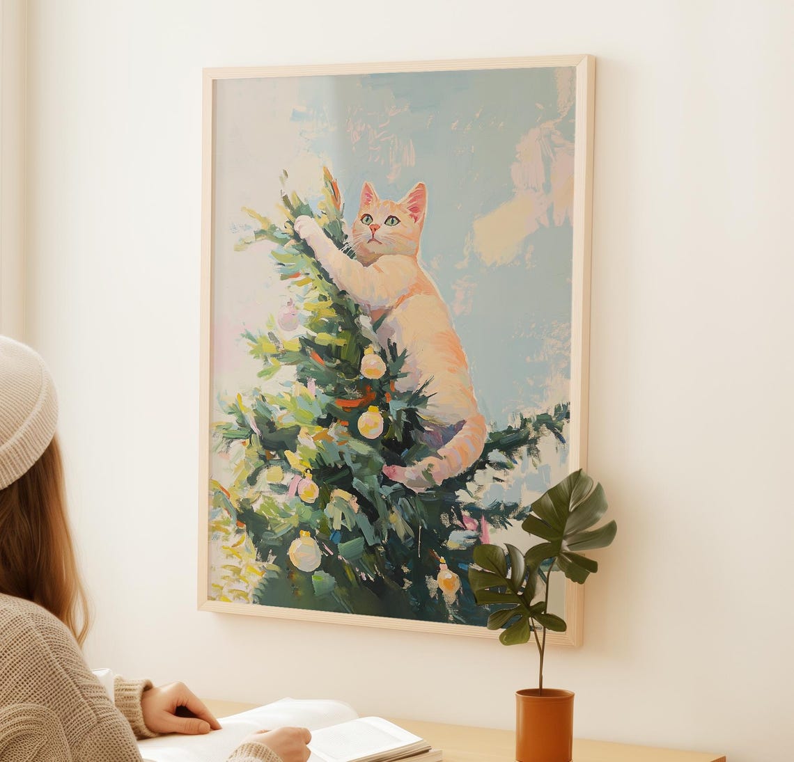 Cream Kitten Climbing A Decorated Christmas Tree Painting Poster - Image 2